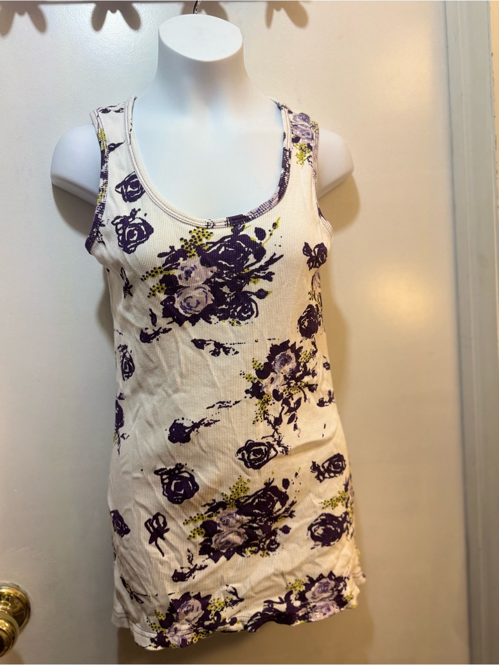 Silver Jeans Cream Ribbed Tank with Purple Stitching